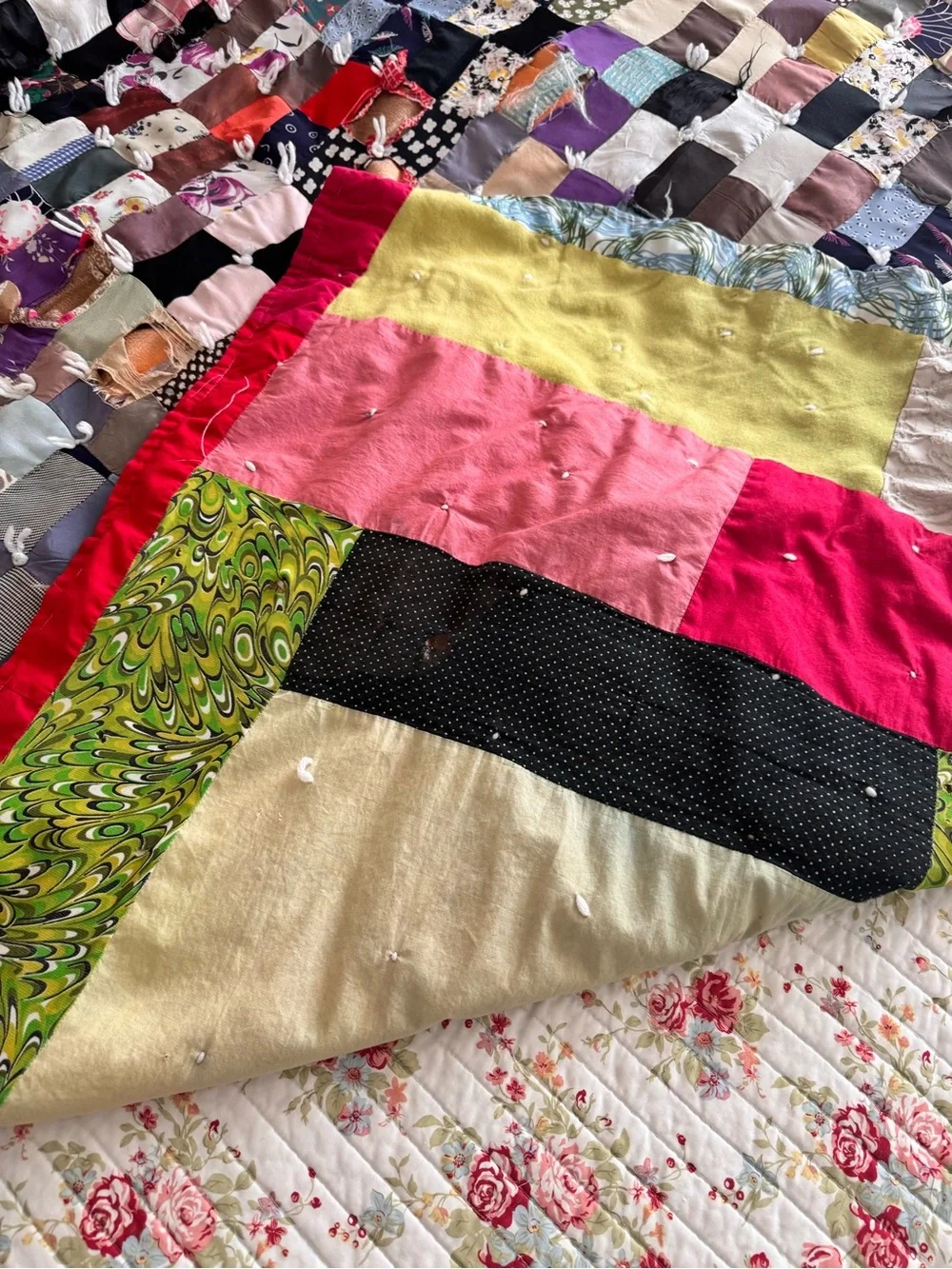 Vintage Heirloom Patchwork Quilt 75x70 Mixed Fabric Boho Cutter Quilt AS IS
